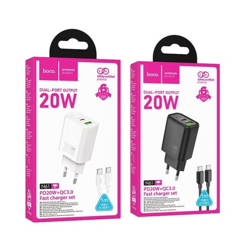 Ładowarka sieciowa do telefonu Hoco USB A + USB C QC3.0 PD 3A 20W + kabel USB C do USB C N61 biała