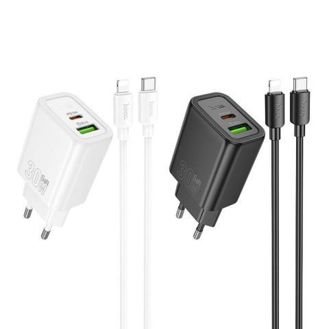 Ładowarka sieciowa do telefonu Hoco USB A + USB C QC3.0 PD 3A 30W + kabel USB C do Lightning N63 czarna