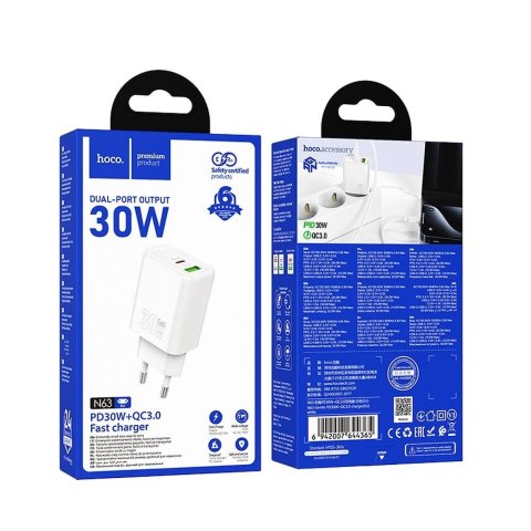 Ładowarka sieciowa do telefonu Hoco USB A + USB C QC3.0 PD 3A 30W N63 biała