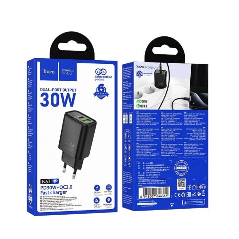 Ładowarka sieciowa do telefonu Hoco USB A + USB C QC3.0 PD 3A 30W N63 czarna