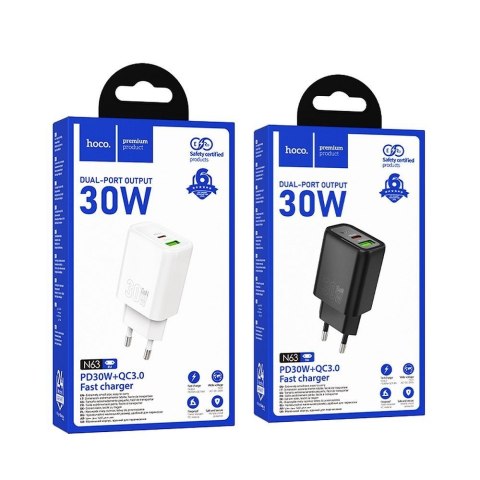 Ładowarka sieciowa do telefonu Hoco USB A + USB C QC3.0 PD 3A 30W N63 czarna