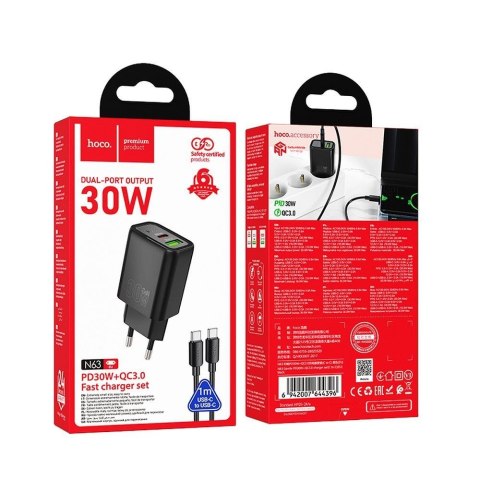 Ładowarka sieciowa do telefonu Hoco USB A + USB C QC3.0 PD 3A 30W + kabel USB C do USB C N63 czarna