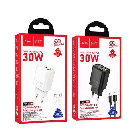 Ładowarka sieciowa do telefonu Hoco USB A + USB C QC3.0 PD 3A 30W + kabel USB C do USB C N63 czarna