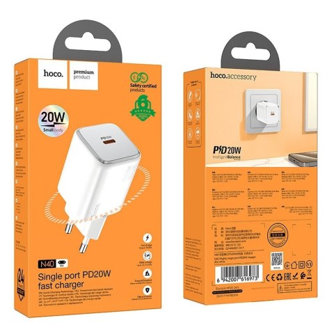 Ładowarka sieciowa do telefonu Hoco USB C QC PD 20W N40 biała