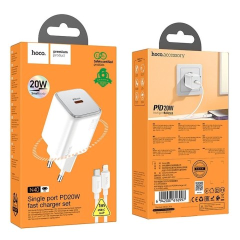 Ładowarka sieciowa do telefonu Hoco USB C QC PD 20W + kabel USB C do Lightning N40 biała