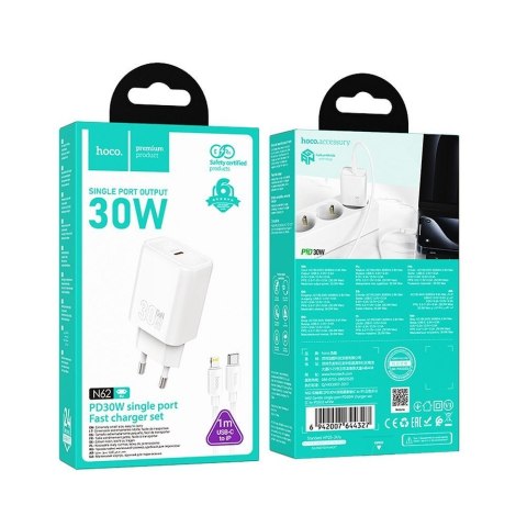 Ładowarka sieciowa do telefonu Hoco USB C QC PD 30W + kabel USB C do Lightning N62 biała