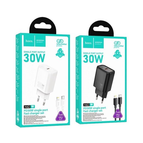 Ładowarka sieciowa do telefonu Hoco USB C QC PD 30W + kabel USB C do Lightning N62 biała