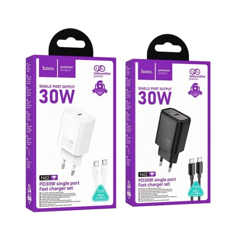 Ładowarka sieciowa do telefonu Hoco USB C QC PD 30W + kabel USB C do USB C N62 czarna